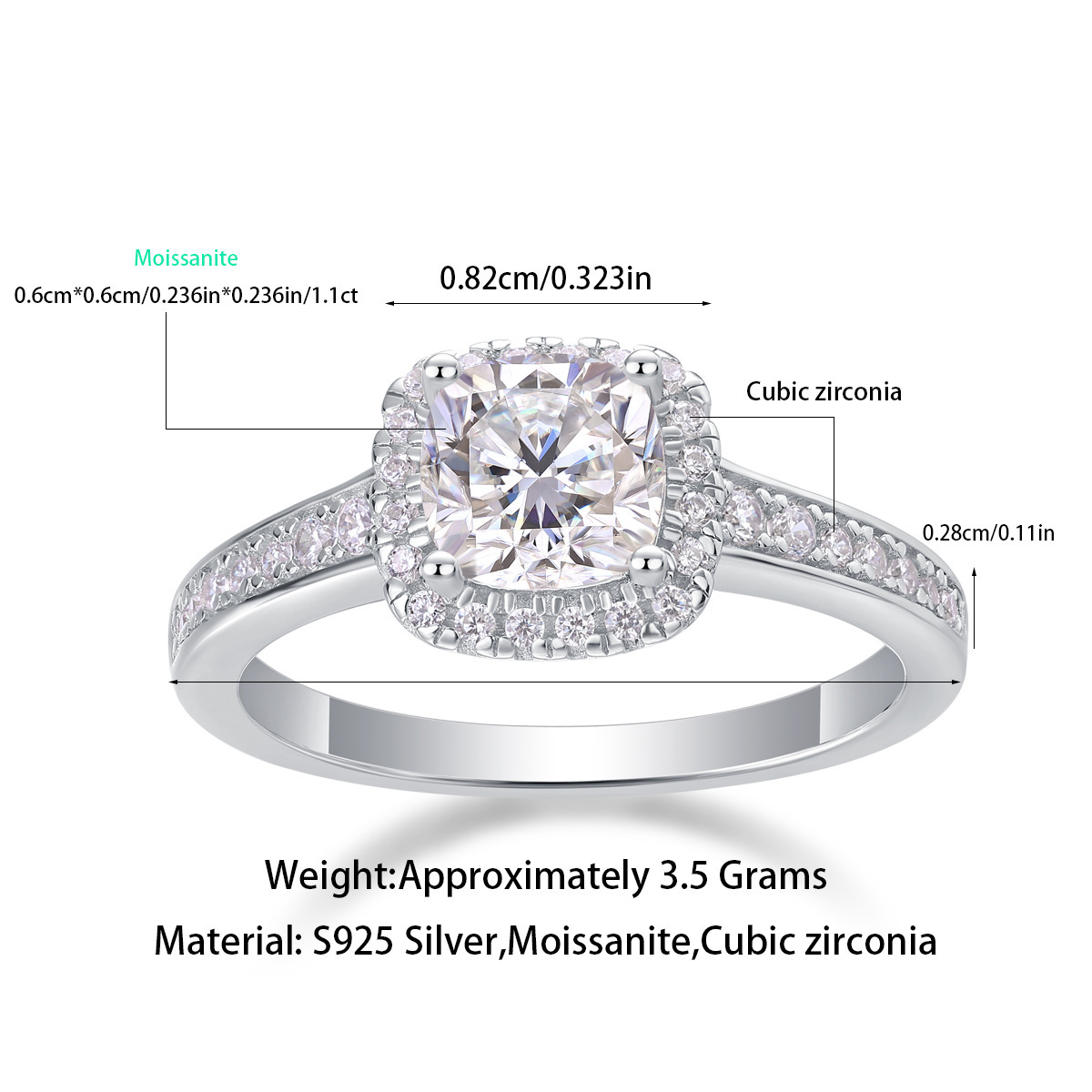 S925 Silver Moissanite Light End Ring, Men Women, No Fade